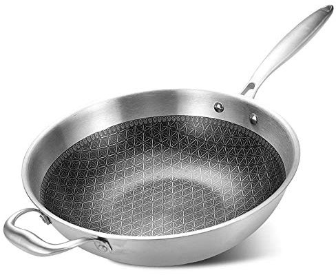 GAOAZHEN Wok antiadhésif en Acier Inoxydable de 32 cm avec Couvercle en Verre en Acier Inoxydable adapté à Toutes Les plaques de Cuisson, y Compris Les poignées à Induction Stay Cool A