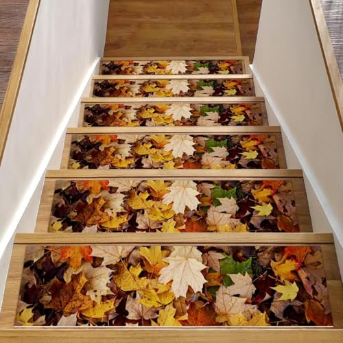 RODAILYCAY Peldaños de escalera para peldaños de madera, la foto de la hoja es hermosa, 15 unidades, antideslizante, para interiores, lavable a máquina, alfombras para niños, ancianos y mascotas