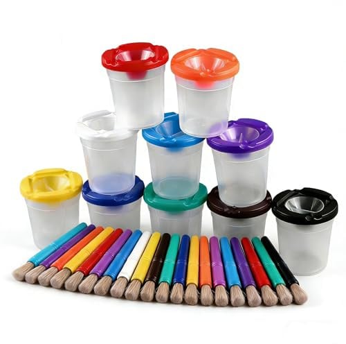 Vurixfo 30 Pcs Spill-Proof Paint Cups Set with Paint Brushes & Lids, 10 Colors Art Paint Containers, Suitable for Watercolor, Acrylic, Crafts & Painting Projects – Art Supplies for Beginners