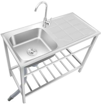 Juego de fregadero de cocina comercial de acero inoxidable con grifo frío, 100 cm x 50 cm x 75 cm, fregadero de preparación duradero para restaurantes y servicio de alimentos