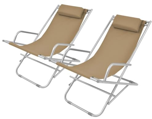 Ziaphsol Klappbare Liegestühle 2er-Set, pulverbeschichteter Stahlrahmen, Taupe, 69x61x94cm, gepolsterte Kopfstütze, wetterfest, für Garten, Terrasse, Pool, Sonnenbaden