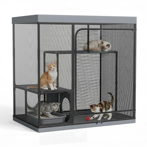 Catio Parc Extérieur pour Chats de 127 cm de Haut avec Parc de Jeu pour Chats Multiples, LitaiL Maison pour Chat Portable à 3 Niveaux avec Tente en Maille pour Chatons, Cage de Chat Extérieure avec