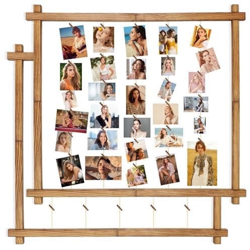 MIHORLIFE Holz-Bilderrahmen für Mehrere Bilder, Collage-Bilderrahmen für die Wand Mit Clips, Hängende Fototafel für die Heimdekoration, 2er-Set(Karbonisiertes Schwarz)