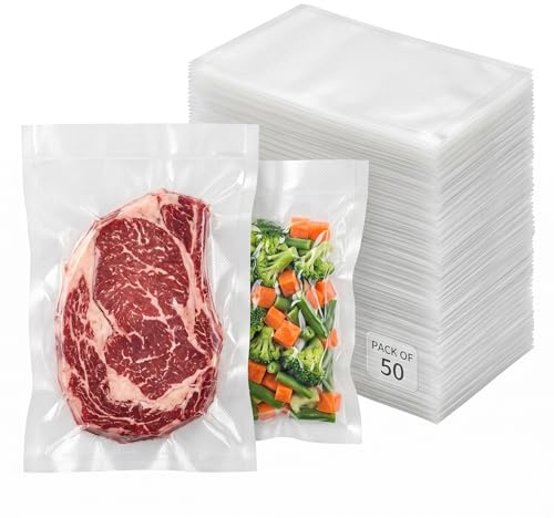 SHINER Vacuum Food Sealer Bags 50 Bags(10 * 20cm), BPA Free, Commercial Grade Textured Food Vacuum Sealer Bag, Thick Embossed Bags for Food Storage and Sous Vide Cooking (white, HF-9011)