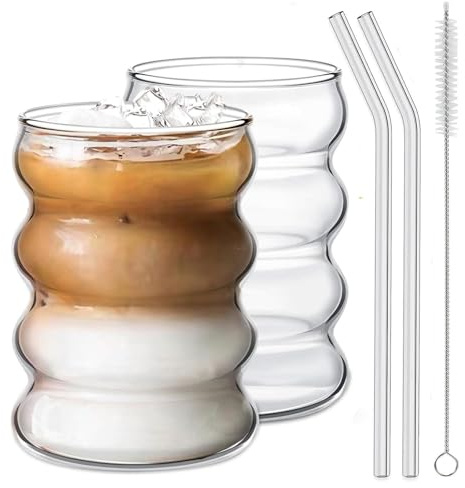 ZkateTrade 2 Stück Bubble Gläser, 350ml Gerippte Trinkgläser mit Glasstrohhalmen, dickwandige und robuste Smoothie Becher aus hochwertigem Glas, luftdichtes und wasserdichtes Design, ideal als Kaffee