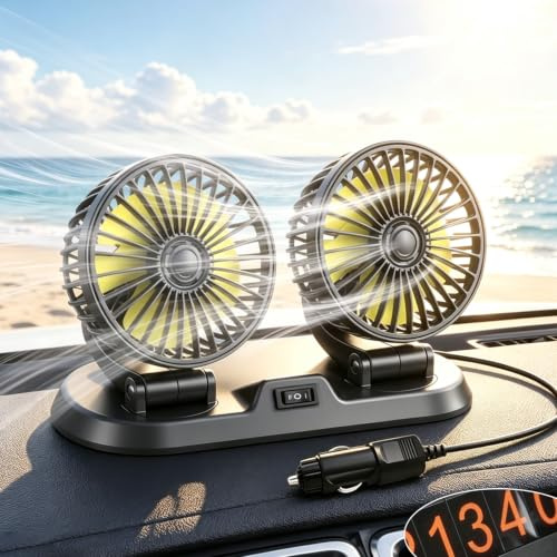 12V Auto Ventilator Doppelkopf, 360° Drehbarer KFZ Lüfter mit 2 Geschwindigkeiten, Tragbarer Auto Fan für Rücksitz und Kopfstütze, Autolüfter für LKW, SUV, Van, Wohnmobil und Auto