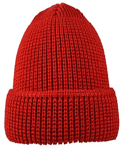 modAS Damen Herren Rollmütze aus Wolle (Schurwolle) - lang Beanie Mütze warm, Farbe:rot