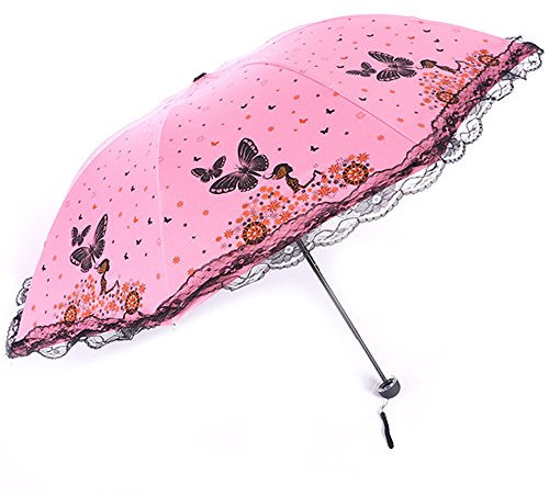 Maibar UV Taschenschirme Damen, Schmetterling UV-Schutz, Spitze Regenschirme Hand Sonnenschirme UV-Schutz für Frauen (H-Pink)