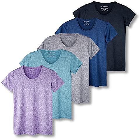 Real Essentials 5er-Pack: Kurzärmeliges Damen-T-Shirt, Workout-Top, Fitness, Pilates, Fitnessstudio, Sportbekleidung (Plus erhältlich), Set 1, Klein