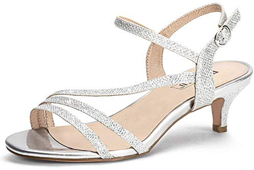 IDIFU Women's Dressy Strappy 2 Inch Low Kitten Heel Open Toe Sandals Dress Shoes for Woman Lady in Bridal Dance Evening(Silver Glitter, 8)