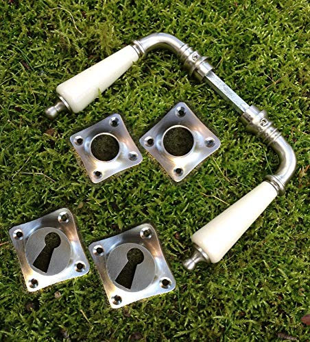 Antikas Boutons de porte Nickel mat brossé avec rosettes et poignée en porcelaine blanche