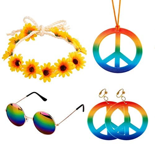 Bkrdty Set di Costumi Hippie 5 Pezzi Pace Set Include Occhiali da Sole Orecchini con Segno di Pace Collana e Fascia in Girasole per Donne Ragazze Festa di Carnevale Indossando
