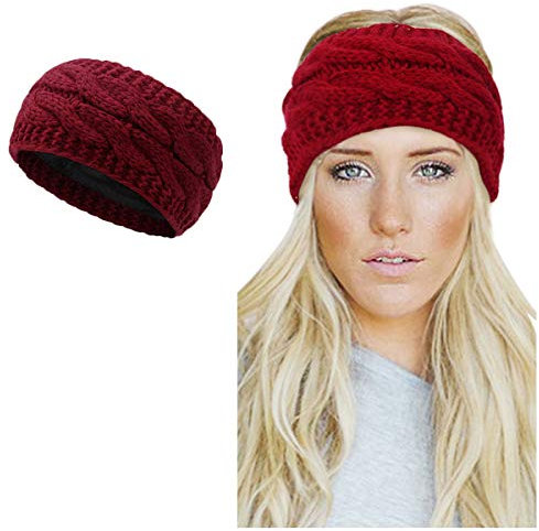Winter Knitted Headband - Women Ear Warmer Chunky Crochet Braided Hair Band Wraps Turban Sports Yoga Hairband Fleece Lined Elastic Wide Headbands for Women UK (red-B)