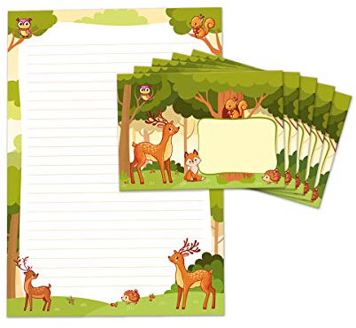 JuNa-Experten Briefpapier-Set für Kinder Reh – A4 Block mit 25 Blättern und 15 Umschlägen, Briefpapier für Kinder, personalisiertes Briefpapier für Mädchen und Jungen
