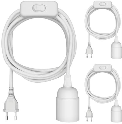 ledscom.de 3 pièces câble textile LEHA, fiche, interrupteur, blanc, 3 m, douille de lampe, 1x E27 max. 60W