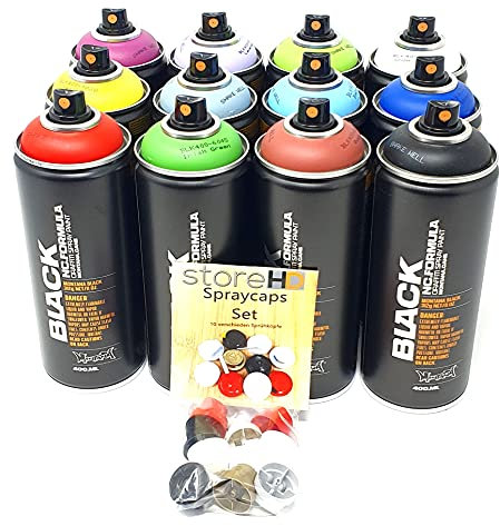 Montana Black Sprühdosen beliebtes 12er Set + Ersatzsprühköpfe - Graffiti Street Art 12 x 400 ml