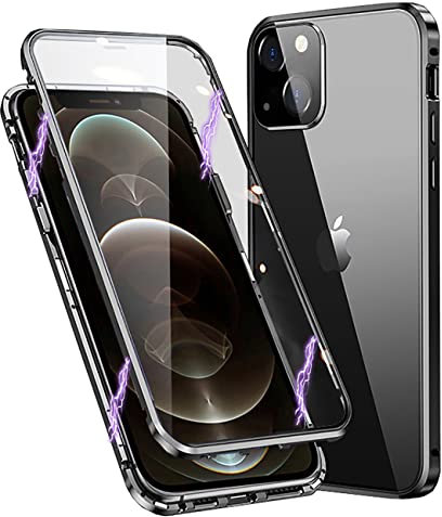 Case for iPhone 13 Mini 5G Clear Magnetic Cover,Front and Back Tempered Glass 360° Full Body Protective Phone Case Shockproof Metal Bumper Built-in Screen Protector and Camera Lens Protector,Black