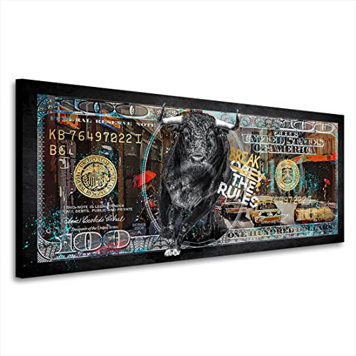 Kunstgestalten24 100 Dollar New York Stier Bild Pop Art Style Leinwandbild | Kunstdruck | Wanddeko | Street Art | Gemälde | Comic Bilder | Wandbild Leinwand Modern 75x30x2cm