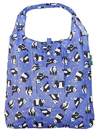 Eco Chic Leichte, faltbare, wiederverwendbare Einkaufstasche, wasserabweisende Einkaufstasche, lässt sich zur Aufbewahrung in die befestigte Tasche falten, Pandas Blau, Small
