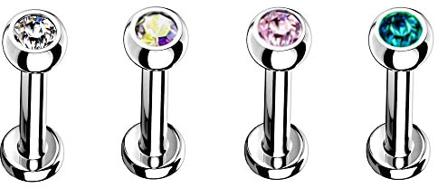 Body CAC 4PCS-16g x 8mm Small Surgical Steel Flat Back Gems Labret Studs Monroe Lip Ear Bar Earrings,Medical Implant Grade Helix Tragus Piercing Jewellery