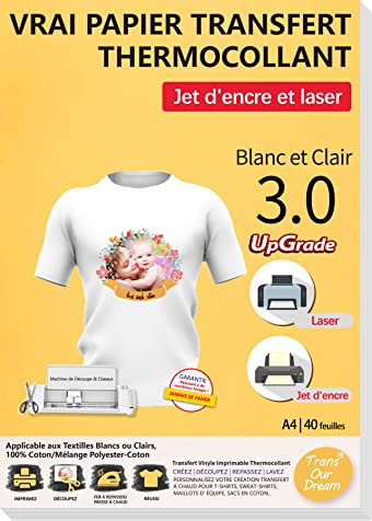 TransOurDream 40 Blatt A4 Transferpapier für Textilien 3.0 – Tintenstrahl- & Laserdrucker, Transferpapier für T-Shirts oder weiße und helle Textilien, kein Spiegeldruck, FR2-3.0-40