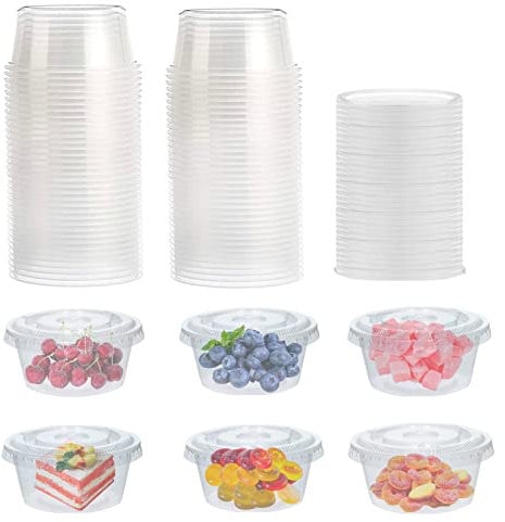 Surflyee 50 Pack Plastic Containers with Lids, 150ML Leakproof Small Plastic Pots for Takeaway Food, Dip, Soup, Salad, Condiment