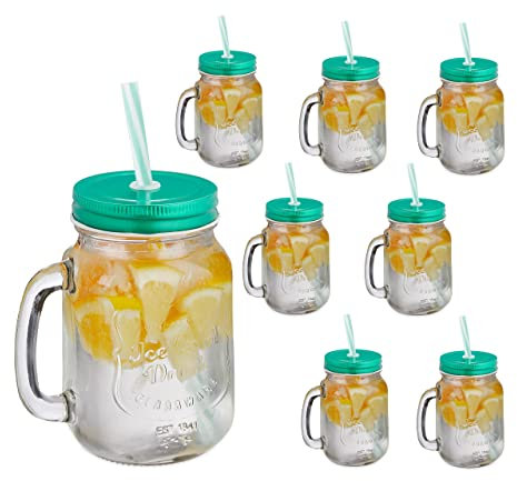 Relaxdays Trinkgläser mit Deckel und Strohhalm, 8er Set Limonadengläser, 500 ml, Retro Sommergläser mit Henkel, grün