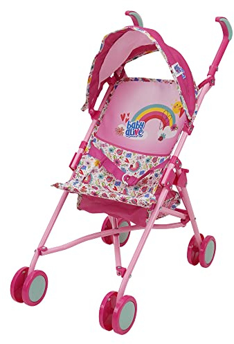 Baby Alive Doll Stroller with Canopy & Safety Harness, Pink & Rainbow, Foldable for Travel, Fits Dolls Up to 24 Inches, for Kids 3+