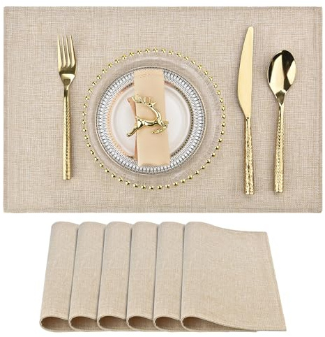 SLKQG Beige Stoff-Tischsets, 6er-Set, leicht zu reinigen, maschinenwaschbar, hitzebeständig, rutschfest, 6 Stück (Beige, 6)