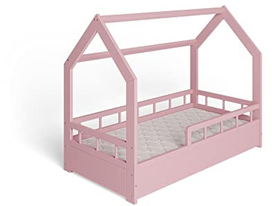 ms factory Hausbett mit Matratze Kinderbett 70x140 cm mit Rausfallschutz und Lattenrost - Einzelbett aus Kiefernholz für Mädchen und Junge - Rosa