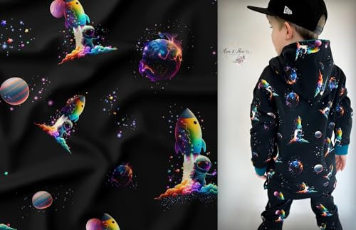 French Terry Baumwolle Stoff In my Space Weltall Weltraum Schwarz Bunt 160 WB Eigenproduktion
