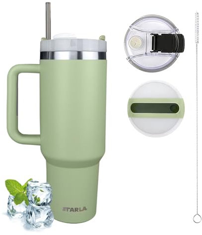 STARLA Mug Isotherme avec paille et poignée, 1,2l grand, 2 couvercles, tasse isotherme étanche, tasse à café to go, tasse à eau, tasse à boisson, tasse de voyage, tasse à boire (Feuilles de laurier)