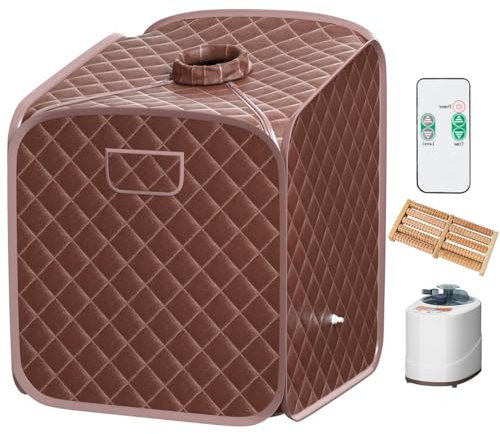 RELAX4LIFE Sauna à Vapeur Portable 2L 1000W, Cabine de Sauna Pliable à Domicile avec 9 Températures Ajustables, Tente de Spa avec Rouleau de Massage, Télécommande pour Détoxification (Marron)