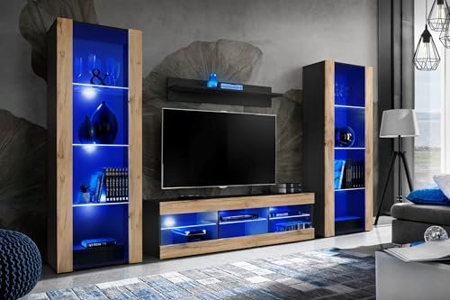 Komodee Wohnwand Wohnzimmerset Tivoli Grande, Wotan/Schwarz, Breite 250cm x Höhe 159cm x Tiefe 35cm, LED Blau, für Wohnzimmer, Schlafzimmer