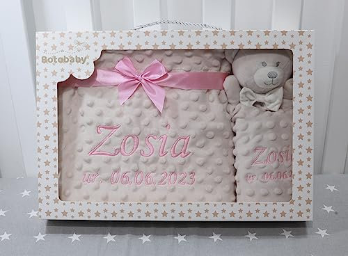 Geschenk-Set New Baby ★ Babydecke mit Namen + Teddybär ★ Baby-Shower ★ Geburt ★ (Beige - Teddybär)