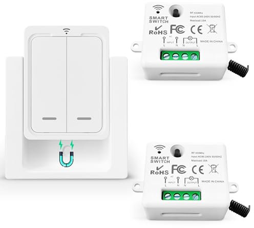 Tedeligo Kit Interruttore Luce Senza Fili, Trasmettitore Radio Mobile Trasmettitore da Parete 230V Portata 100M Interruttore Radio per Lampada Nessun Cablaggio Richiesto, Potenza Fino a 2200W