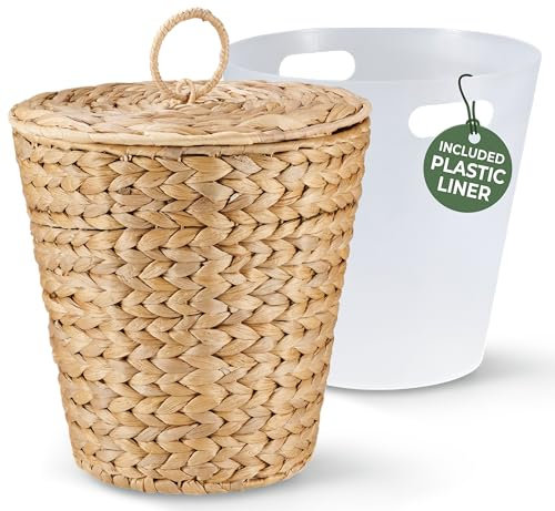 84ECO 3 Gallon Wicker Trash Can with Lid and Liner - Rattan Trash Can - Wicker Waste Basket for Bathroom, Bedroom, Kitchen, Living Room