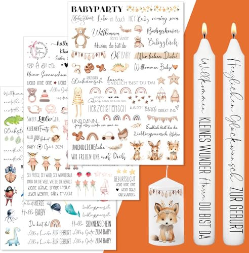 Aoiuenok Kerzentattoo,3 Stück DIN A4 Willkommen Baby,Baby Geburt Kerzentattoo,Glückwünsche zur Geburt,Babyparty,Kerzentattoos verschiedene Motive,Wasserschiebefolie,Kerzen adekorieren (Baby)