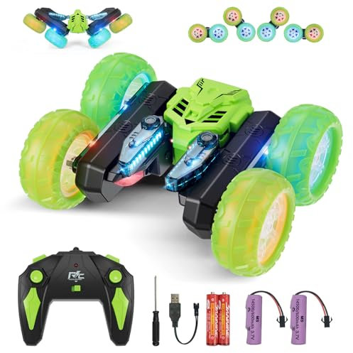 Amicool Voiture Telecommandé Enfant avec Upgraded Bande Lumineuse et Feux de Roue, 4WD 360°Rotation 2.4GHz Voiture Radiocommandee Crawlers pour Enfants 6-12 Ans (Vert)