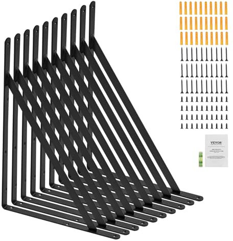 VEVOR Shelf Bracket, 12 x 8 in 10 Pcs, Heavy Duty Floating Shelf Brackets, Brackets for Shelves, 3mm Thick Matte Black Triangle Shelf Bracket,Steel Shelving Brackets with 160 lbs Load Capacity