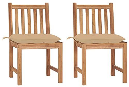 Homgoday Gartenstühle 2 STK. Balkonstuhl Gartenstuhl Balkonstühle Terrassenstuhl Gartensessel Holzstuhl Stühle mit Kissen Beige Massivholz Teak