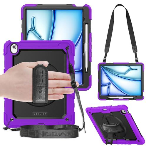 TECHGEAR UTILITY Case fits Apple iPad Air 13 M3/M2 (2025/2024) Tough Rugged HEAVY DUTY Armour Shockproof Impact Case with 360 Rotating Stand, Hand Strap & Shoulder Strap - Purple