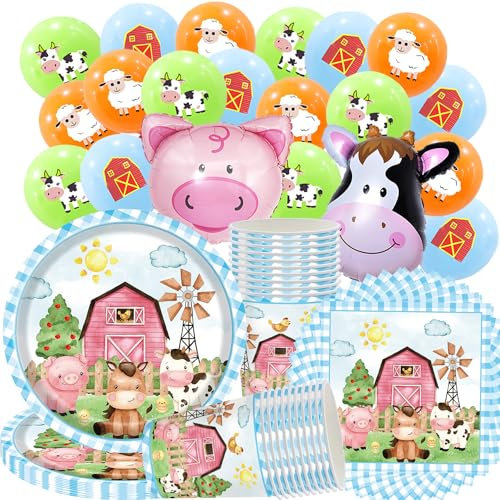 80 Pcs Farm Animal Tableware Set - Children's Birthday Party Decorations, Animal Party Supplies - Includes Plates, Cups, Towels, Balloons (20 Guests)