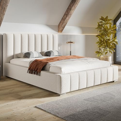MOTIVENA Vigo Bett 180x200, Polsterbett 180x200, mit Bettkasten, mit Stauraum, mit Lattenrost, mit Kopfteil, ohne Matratze, Boucle, Weiß (Milch)