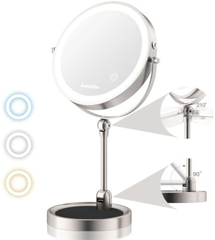 Beautifive 10 Kosmetikspiegel mit Beleuchtung, 12X/1X Vergrößerungsspiegel mit Höhe Winkel einstellbar & 3 Farbe dimmbar, 360° Schwenkbar Wiederaufladbare Doppelseitiger Tischspiegel