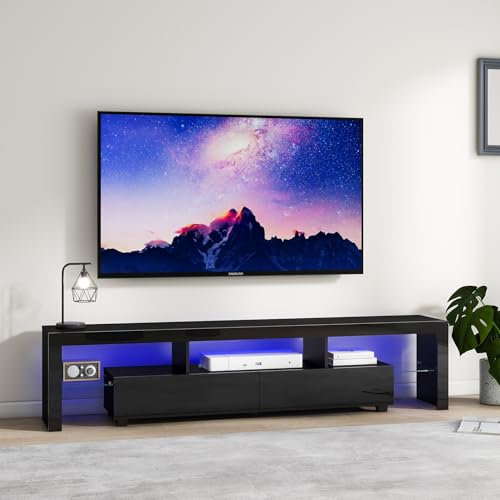 Panana Large TV Unit TV Stand for 85 TVs High Gloss Front Entertainment Unit with RGB LED Lights, 2 Drawers Storage & Glass Shelves, 200cm x 33cm x 45cm (Black)