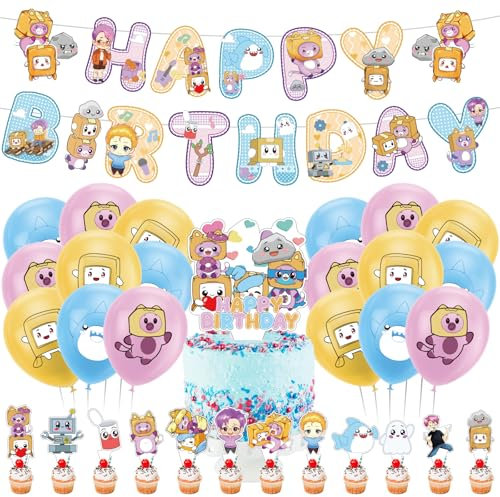 32 Pcs Foxy Box Geburtstag Dekorationen FAMILIO-Kinder Karikatur Themenpartyzubehör Cake Topper Geburtstag Banner Foxy box Latexballon Cupcake Toppers für Kinder