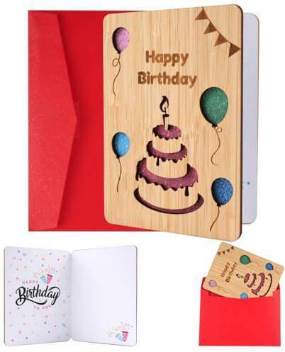 Svalor Geburtstagskarte aus Holz,Kreative Geschenkkarte,Handgefertigte Beschreibbare GrußKarten,Holz GlüCkwunschkarte Geburtstag(Kuchenballons)