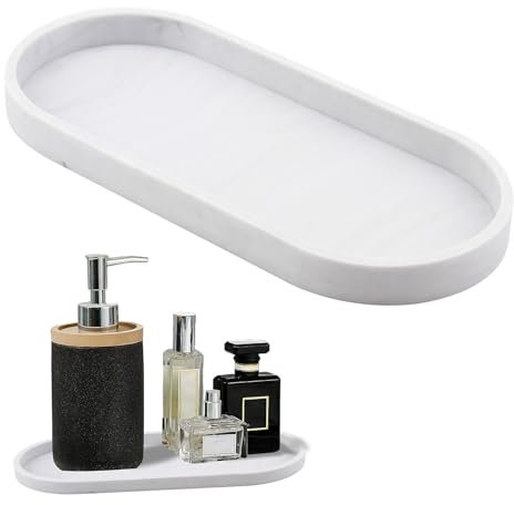 Plateau Décoratif Ovale en Résine Marbre Blanc, Plateau de Rangement pour Toilette, Plateau Marbre Ovale, Organisateur Multifonctionnel pour Cosmétiques, Bijoux, Accessoires de Salle de Bain