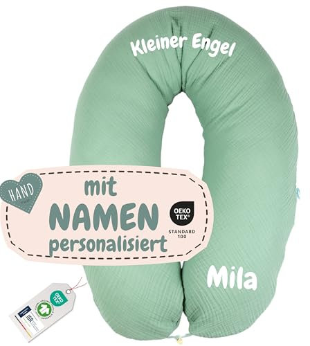 sei Design XXL Stillkissen Seitenschläferkissen - Musselin-Bezug personalisiert mit Namen Geburtsdatum: personalisierte Geschenke zum Geburt Baby Geschenk für Junge oder Mädchen